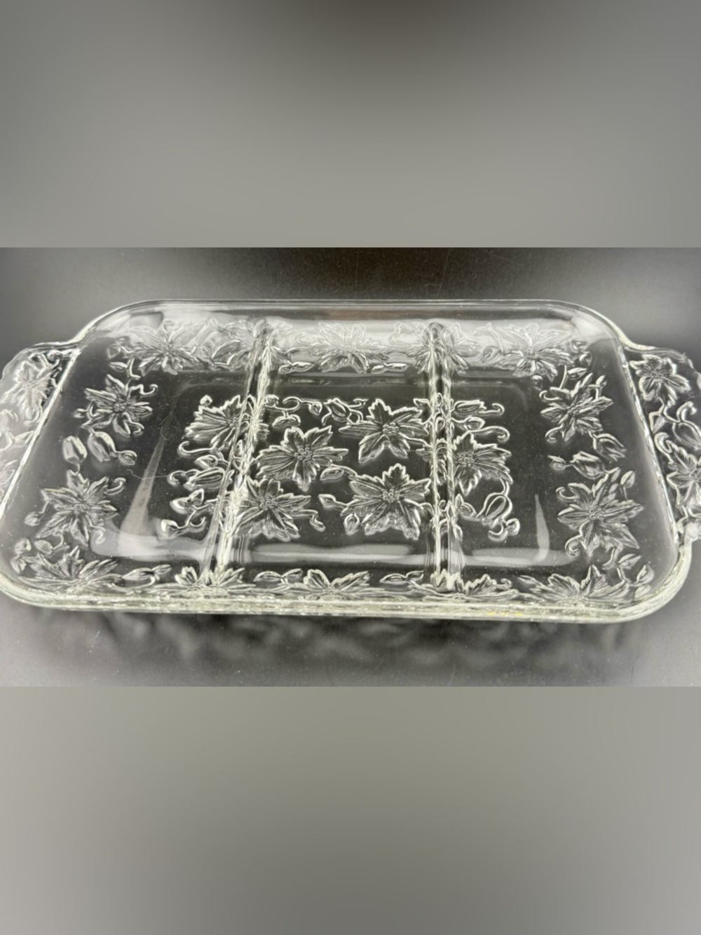 Princess House “Fantasia” Crystal Poinsettia divided serving platter. 7”x12.5”
